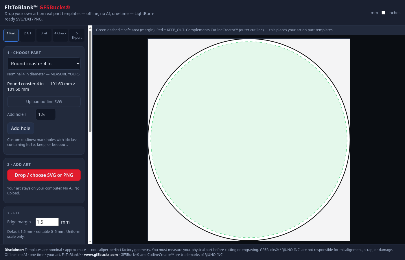 FitToBlank™ 4 inch round coaster template with green safe area